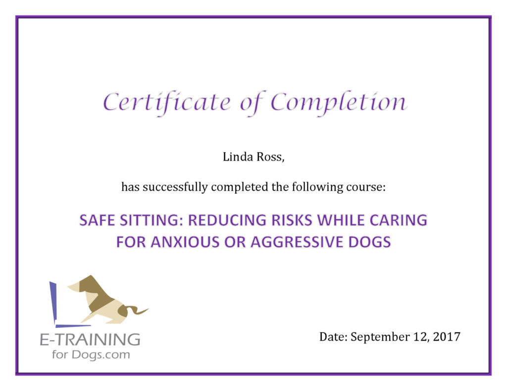 Certificate - Safe Sitting - Reducing the Risks When Caring For Anxious or Aggressive Dogs